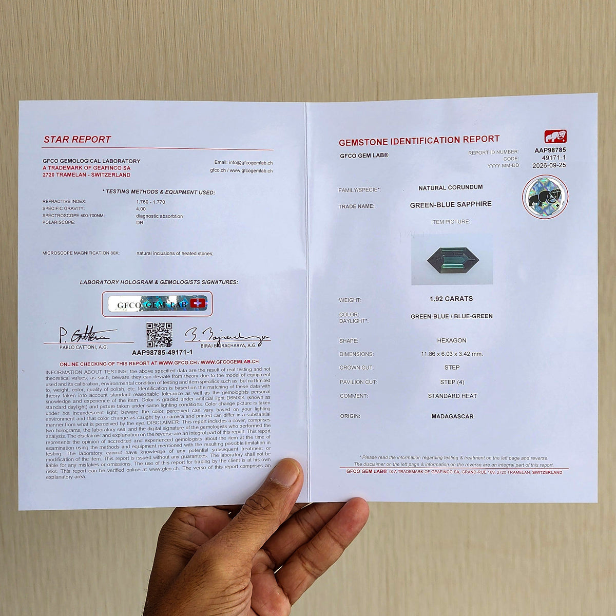 GFCO report AAP98785 for BNS205: natural green-blue sapphire, 1.92 carats, hexagon, standard heat and Madagascar origin.