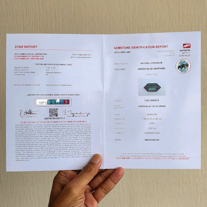 GFCO report AAP98785 for BNS205: natural green-blue sapphire, 1.92 carats, hexagon, standard heat and Madagascar origin.
