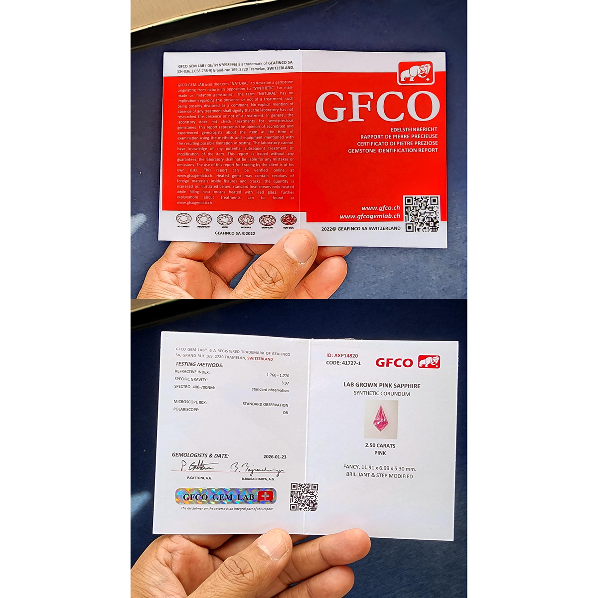 GFCO gemstone identification report displaying identification as Lab Grown Pink Sapphire Synthetic Corundum, 2.50 carats.