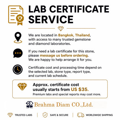 Informational graphic detailing laboratory certificate services, fees, and location in Bangkok, Thailand.