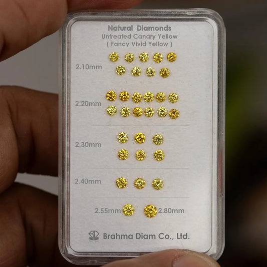 Labelled yellow diamond size display: 2.10mm, 2.20mm, 2.30mm, 2.40mm, 2.55mm and 2.80mm; sold per selected piece.