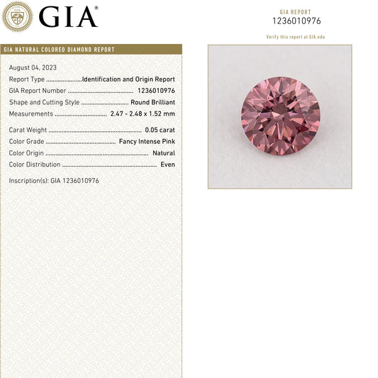 GIA Certified 0.05ct Fancy Intense Pink Natural Argyle Pink Diamond Round Brilliant VS1