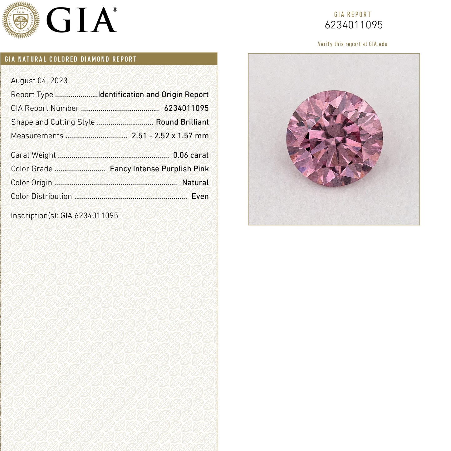 GIA Certified 0.06ct Fancy Intense Purplish Pink Natural Argyle Pink Diamond Round Brilliant VS1