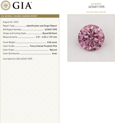 GIA Certified 0.06ct Fancy Intense Purplish Pink Natural Argyle Pink Diamond Round Brilliant VS1