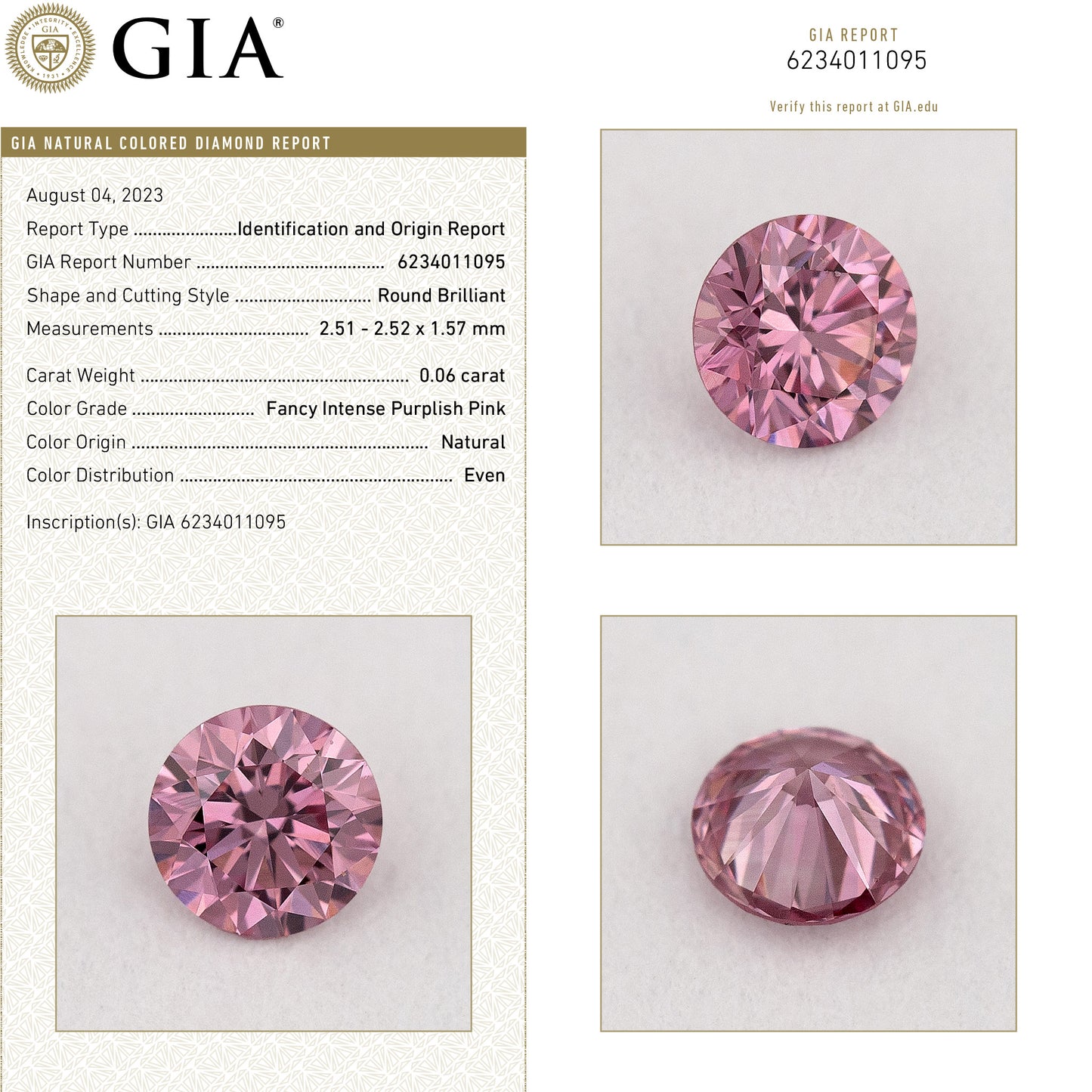 GIA Certified 0.06ct Fancy Intense Purplish Pink Natural Argyle Pink Diamond Round Brilliant VS1