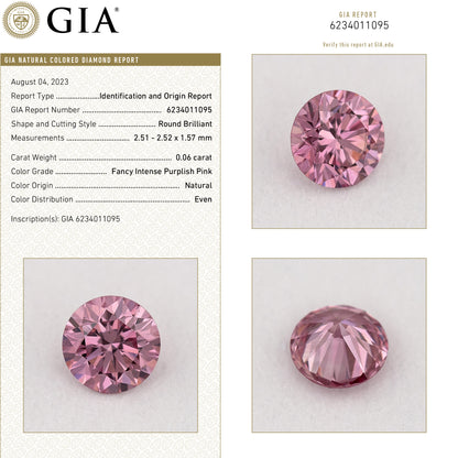 GIA Certified 0.06ct Fancy Intense Purplish Pink Natural Argyle Pink Diamond Round Brilliant VS1
