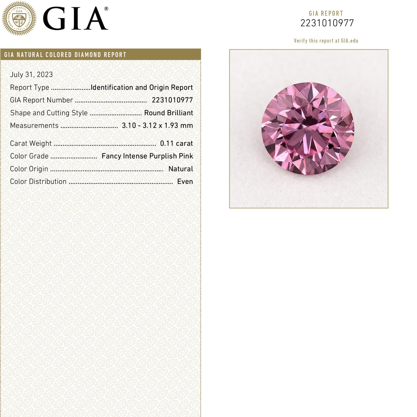 GIA Certified 0.11ct Fancy Intense Purplish Pink Natural Argyle Pink Diamond Round Brilliant VS1