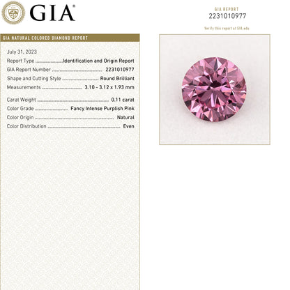 GIA Certified 0.11ct Fancy Intense Purplish Pink Natural Argyle Pink Diamond Round Brilliant VS1