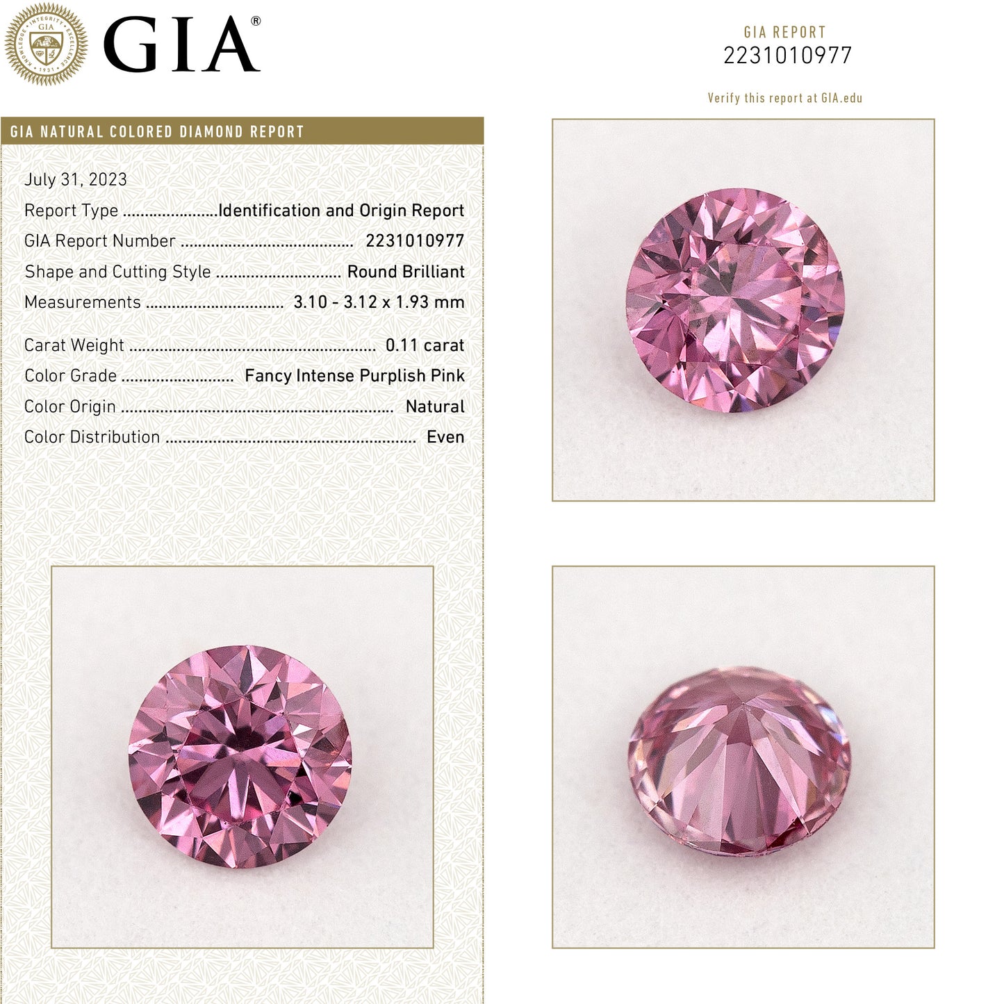 GIA Certified 0.11ct Fancy Intense Purplish Pink Natural Argyle Pink Diamond Round Brilliant VS1