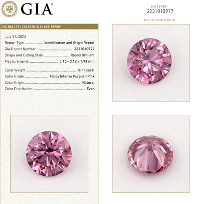 GIA Certified 0.11ct Fancy Intense Purplish Pink Natural Argyle Pink Diamond Round Brilliant VS1