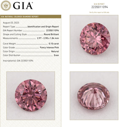 GIA Certified 0.10ct Fancy Intense Pink Natural Argyle Pink Diamond Round Brilliant VS1