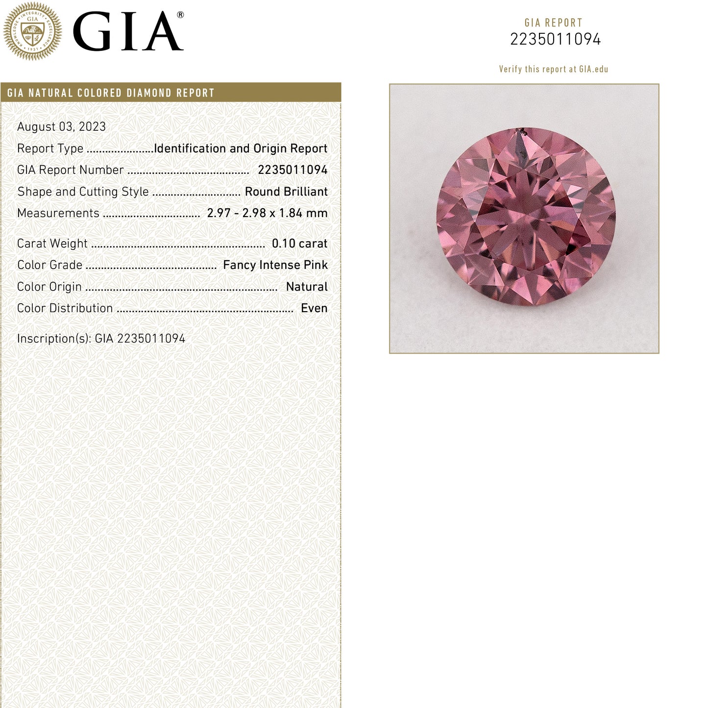 GIA Certified 0.10ct Fancy Intense Pink Natural Argyle Pink Diamond Round Brilliant VS1