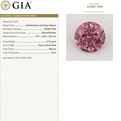 GIA Certified 0.10ct Fancy Intense Pink Natural Argyle Pink Diamond Round Brilliant VS1