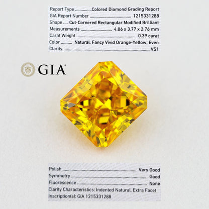 GIA report composite 1215331288 alongside a photograph of the matching cut-cornered rectangular orange-yellow diamond and grading details.