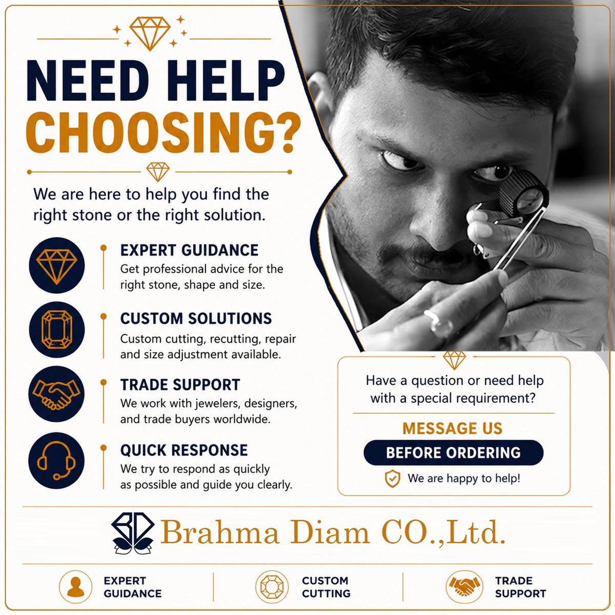 Brahma Diam Co., Ltd. help card with a person examining a stone through a loupe and an invitation to message before ordering.