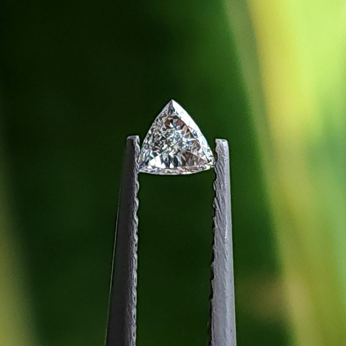 Face-up view of a loose trillion-cut diamond held in metal tweezers against a blurred green background. Representative stock.