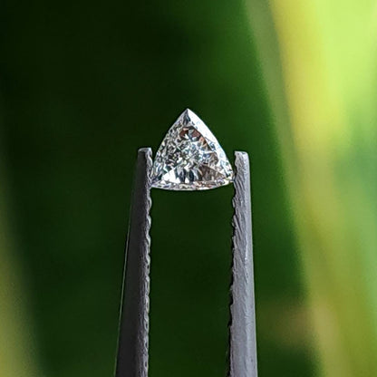 Face-up view of a loose trillion-cut diamond held in metal tweezers against a blurred green background. Representative stock.