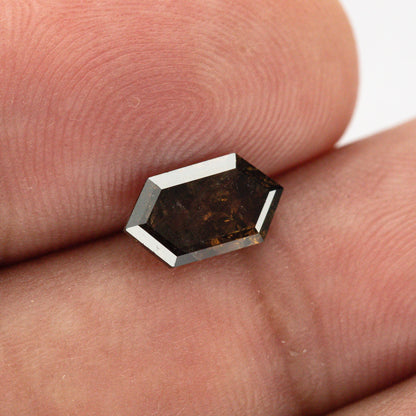 Geometric brown diamond resting flat on a fingertip, showing its elongated outline, pointed ends and dark angular facets.