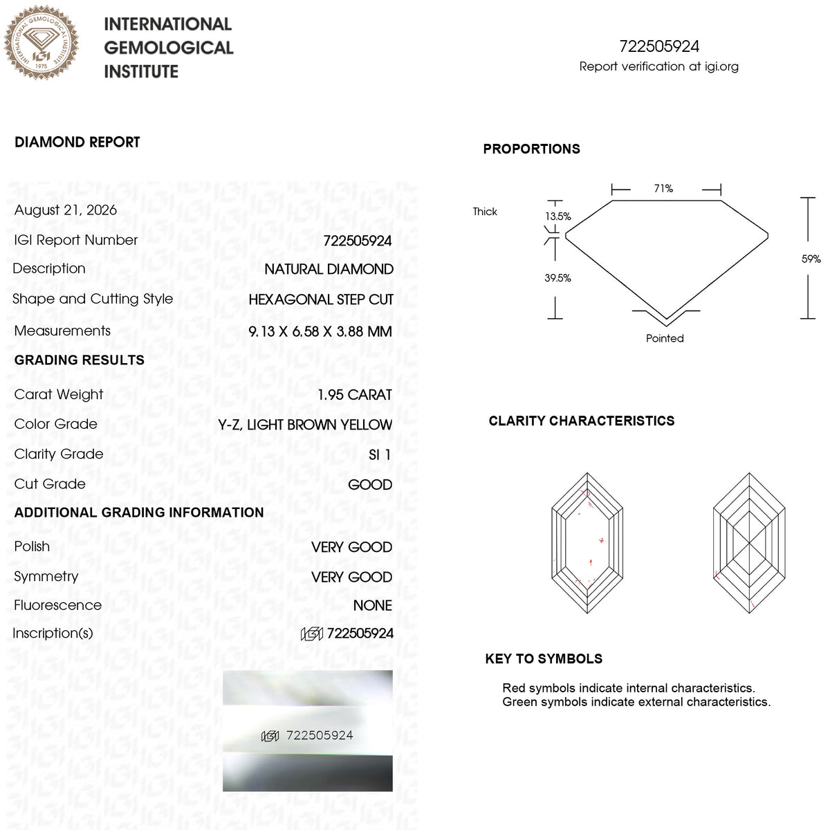 IGI report 722505924 showing 1.95 ct, Y-Z Light Brown Yellow and SI1. IGI-HEXA-5924-0195CT.