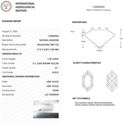 IGI report 722505924 showing 1.95 ct, Y-Z Light Brown Yellow and SI1. IGI-HEXA-5924-0195CT.