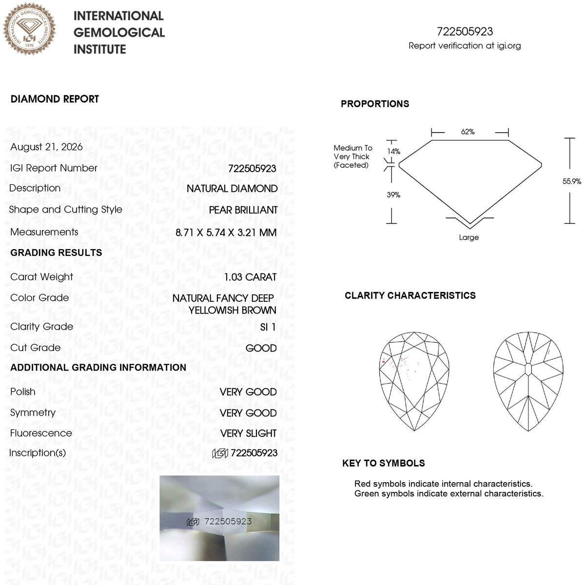 IGI report 722505923 showing 1.03 ct, Fancy Deep Yellowish Brown and SI1. IGI-PS-5923-0103CT.