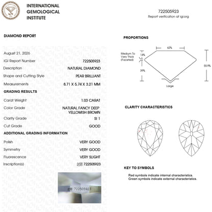 IGI report 722505923 showing 1.03 ct, Fancy Deep Yellowish Brown and SI1. IGI-PS-5923-0103CT.