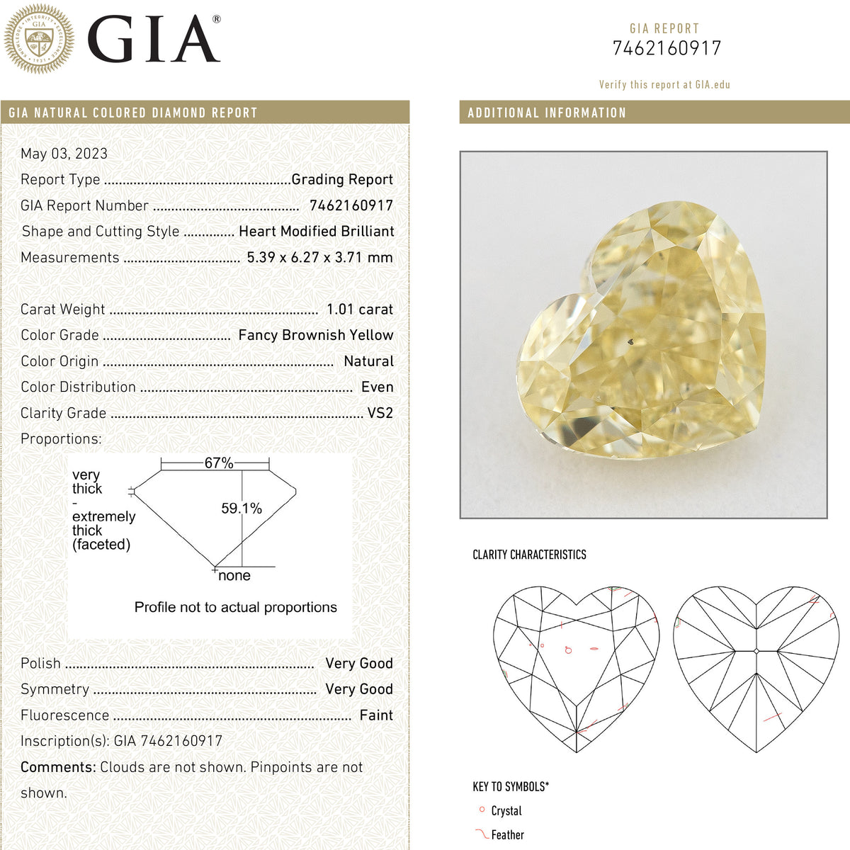 GIA report 7462160917 for this 1.01ct heart diamond, showing grading details, proportions and clarity diagrams beside its photograph.