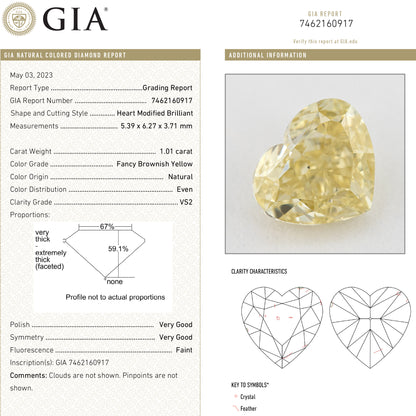 GIA report 7462160917 for this 1.01ct heart diamond, showing grading details, proportions and clarity diagrams beside its photograph.