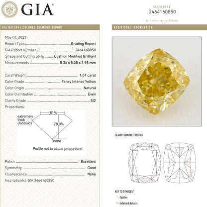 Composite showing GIA report 2464160850 and a photograph of the corresponding yellow cushion-shaped natural diamond.