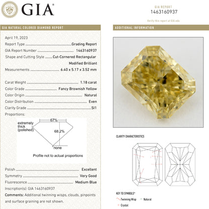 GIA report 1463160937 for this 1.18ct radiant diamond, showing grading details, proportions and clarity diagrams beside its photograph.