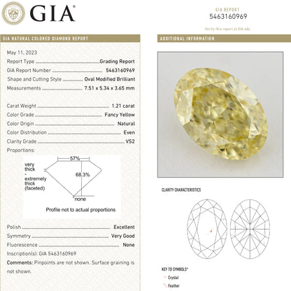 GIA report 5463160969 for this 1.21ct oval diamond, showing grading details, proportions and clarity diagrams beside its photograph.
