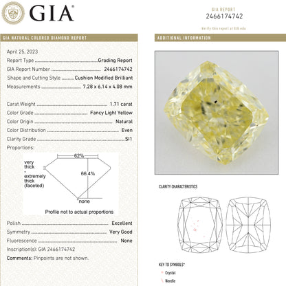 GIA report 2466174742 for this 1.71ct cushion diamond, showing grading details, proportions and clarity diagrams beside its photograph.