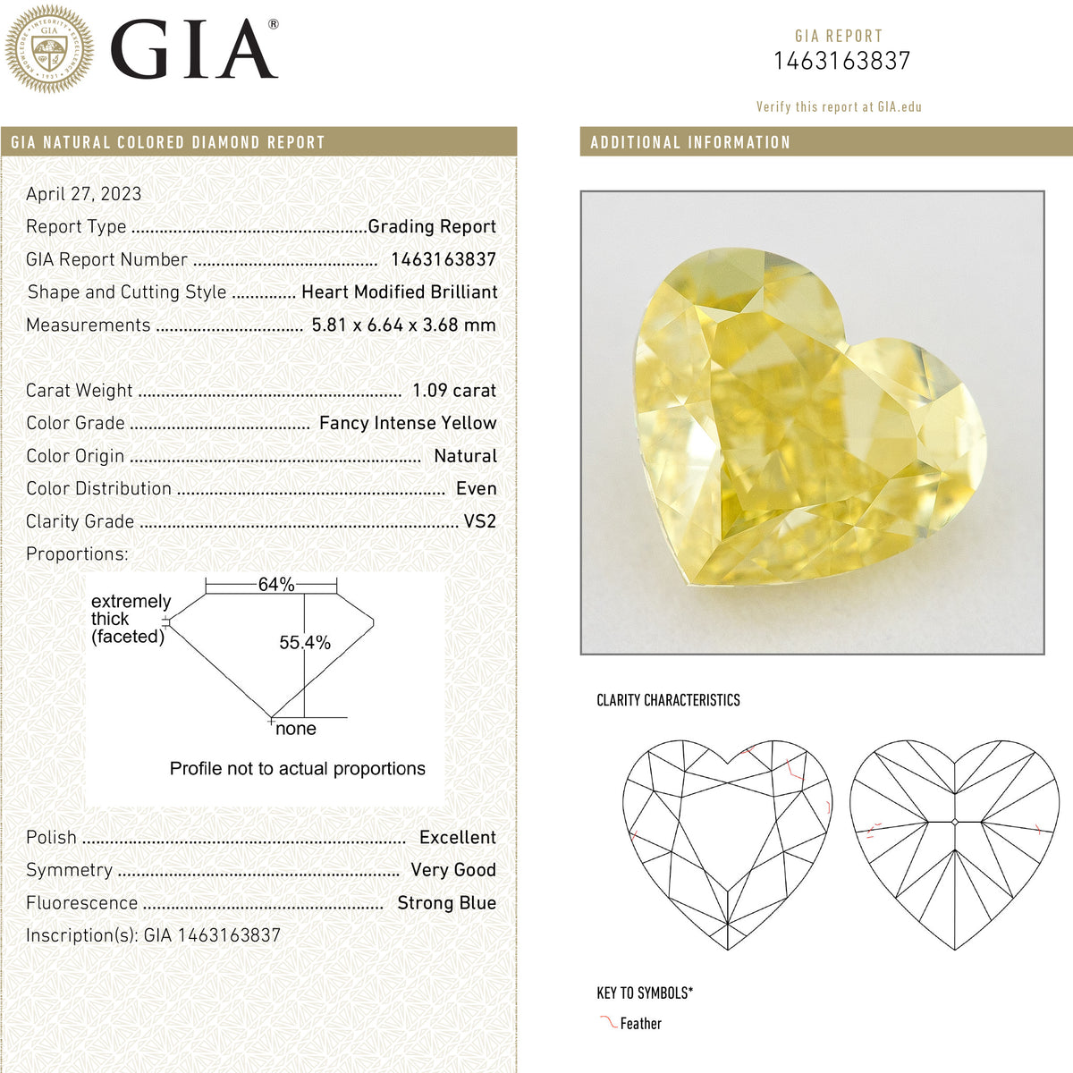 GIA report 1463163837 for this 1.09ct heart diamond, showing grading details, proportions and clarity diagrams beside its photograph.