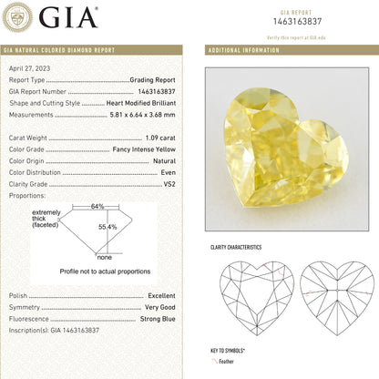 GIA report 1463163837 for this 1.09ct heart diamond, showing grading details, proportions and clarity diagrams beside its photograph.