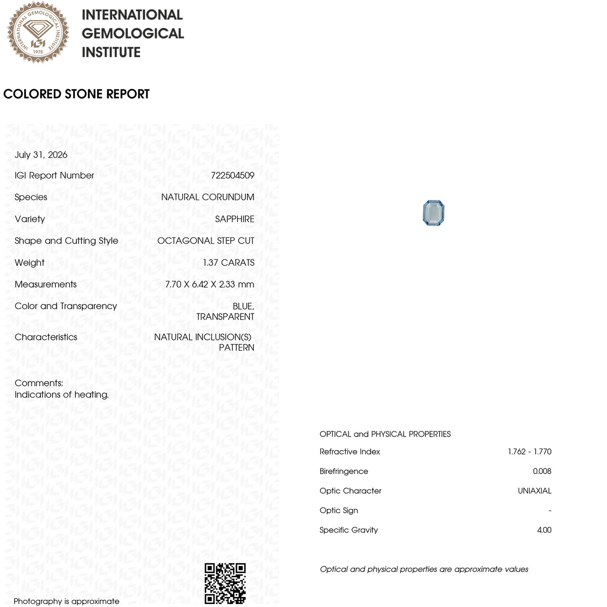 IGI Certified natural blue sapphire KK155, original IGI report 722504509, 1.37 ct, octagonal step cut; indications of heating.