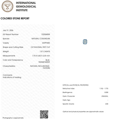 IGI Certified natural blue sapphire KK155, original IGI report 722504509, 1.37 ct, octagonal step cut; indications of heating.