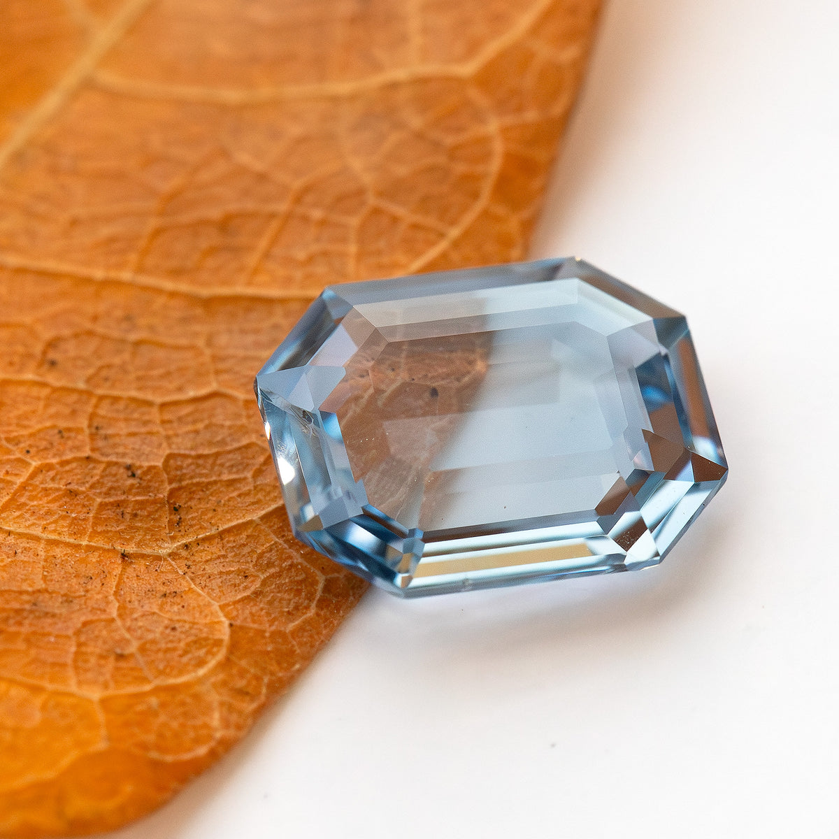 Light blue octagonal sapphire positioned on a brown autumn leaf on a white surface.