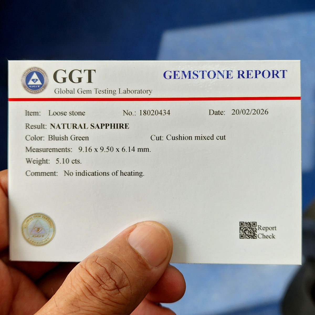Natural sapphire KK393+ laboratory report image 2