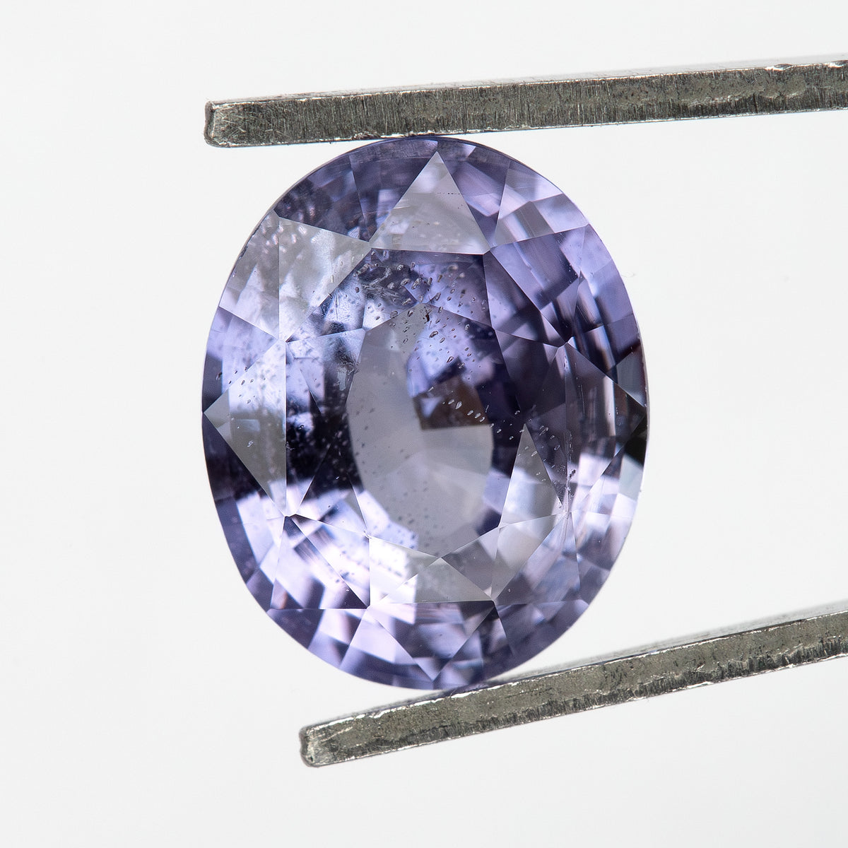 Lavender-blue oval sapphire held face-up upright in tweezers, with visible natural inclusions through the table.