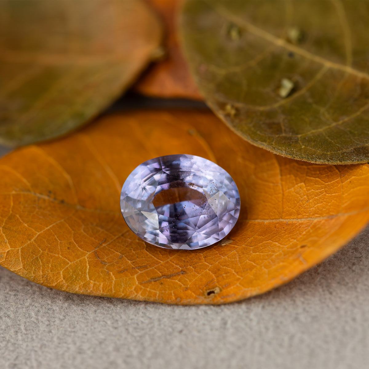 Lavender-blue oval sapphire with visible inclusions viewed face-up. View 19.