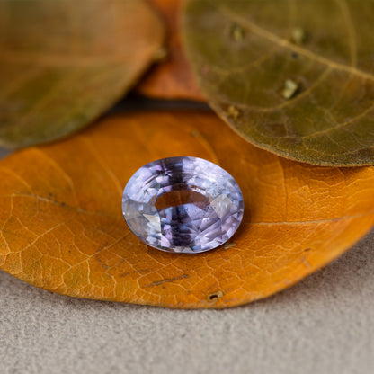 Lavender-blue oval sapphire with visible inclusions viewed face-up. View 19.