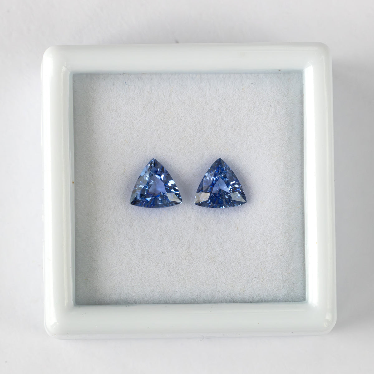 Two blue trillion-cut gemstones inside a square white plastic gem display box.