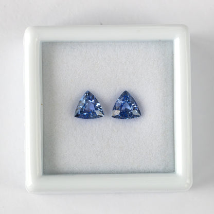 Two blue trillion-cut gemstones inside a square white plastic gem display box.