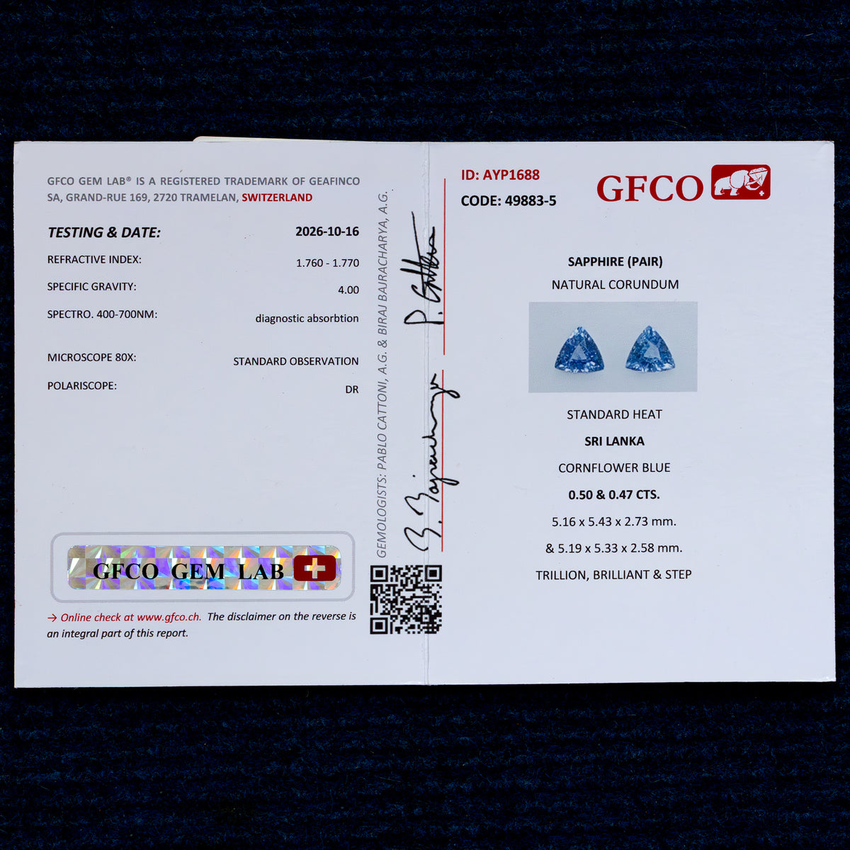 GFCO Gem Lab report AYP1688 for the sapphire pair, showing identification, weights, measurements and treatment findings.