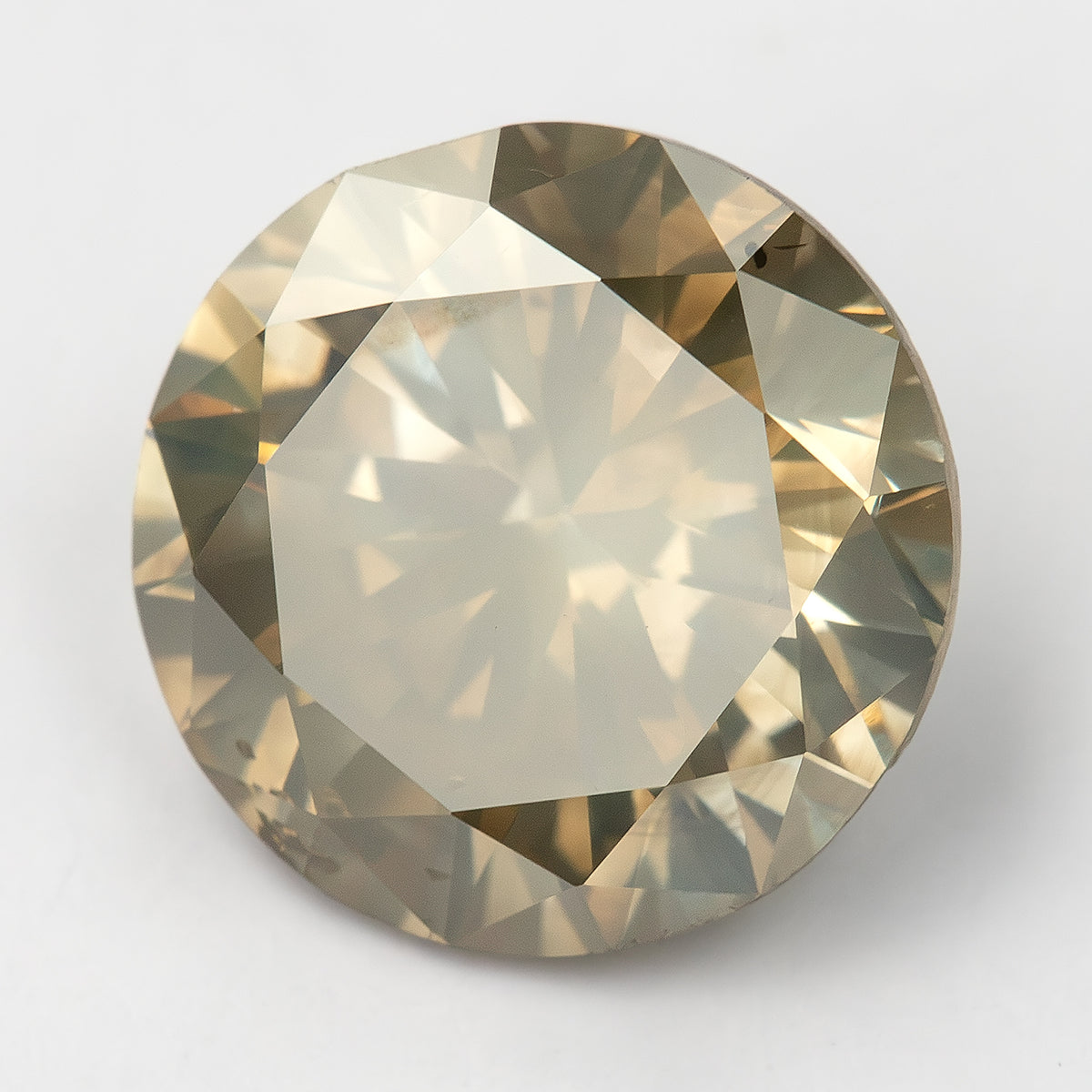 Face-up KL444 with a broad pale reflection across the table and olive-brown reflections around the crown.