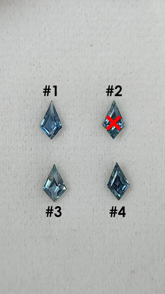 Numbered teal kite-sapphire selection: #1, #3 and #4 available; #2 is crossed out as sold.