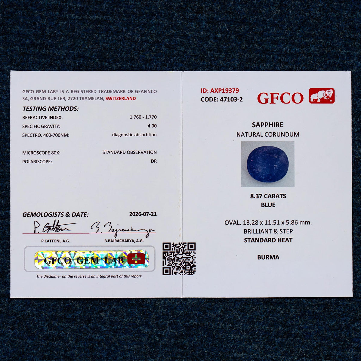 GFCO Gem Lab report AXP19379 for the exact oval blue sapphire.