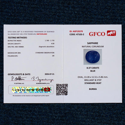 GFCO Gem Lab report AXP19379 for the exact oval blue sapphire.