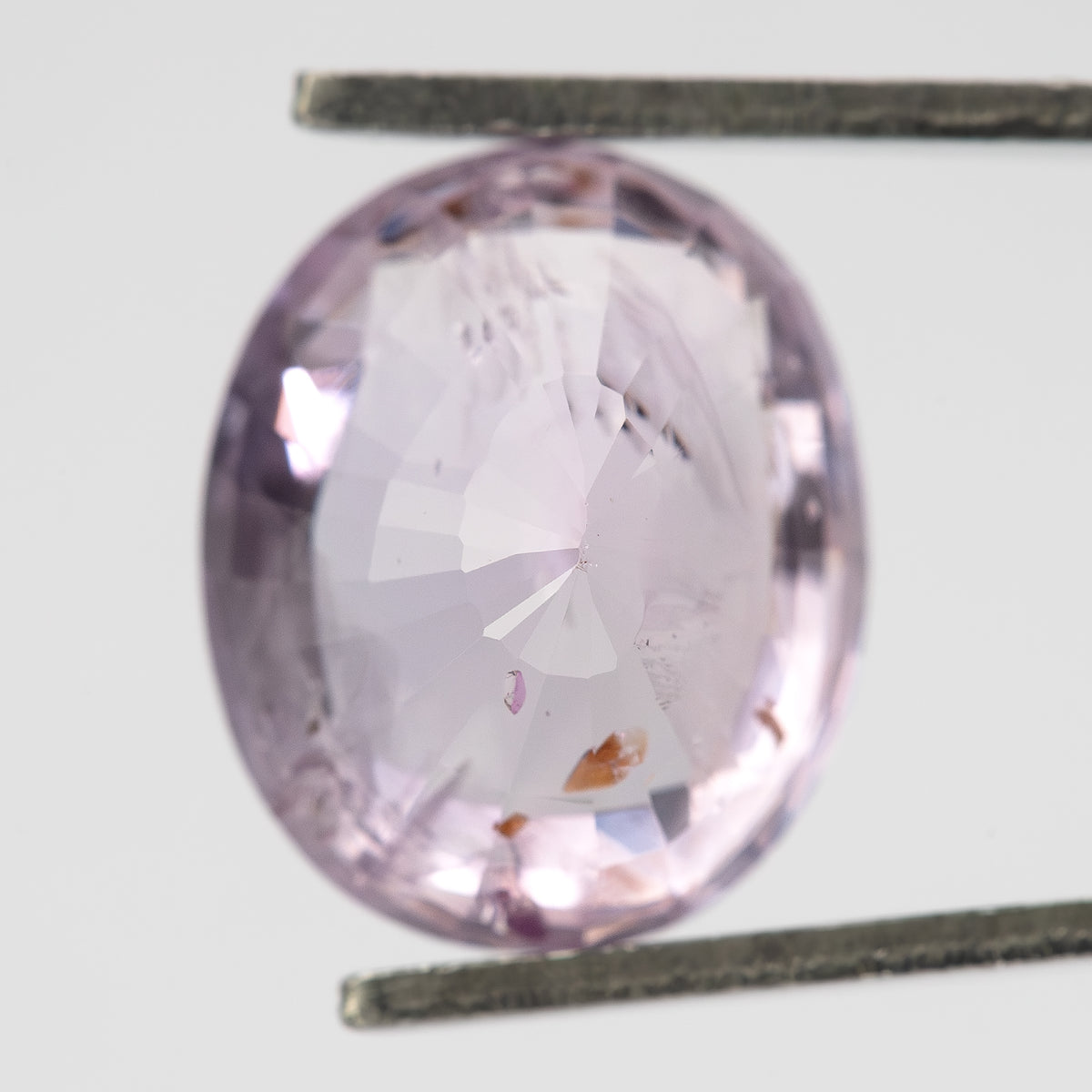 Opposite-side view of the pink oval sapphire in tweezers, with pale central reflections and several visible inclusions.