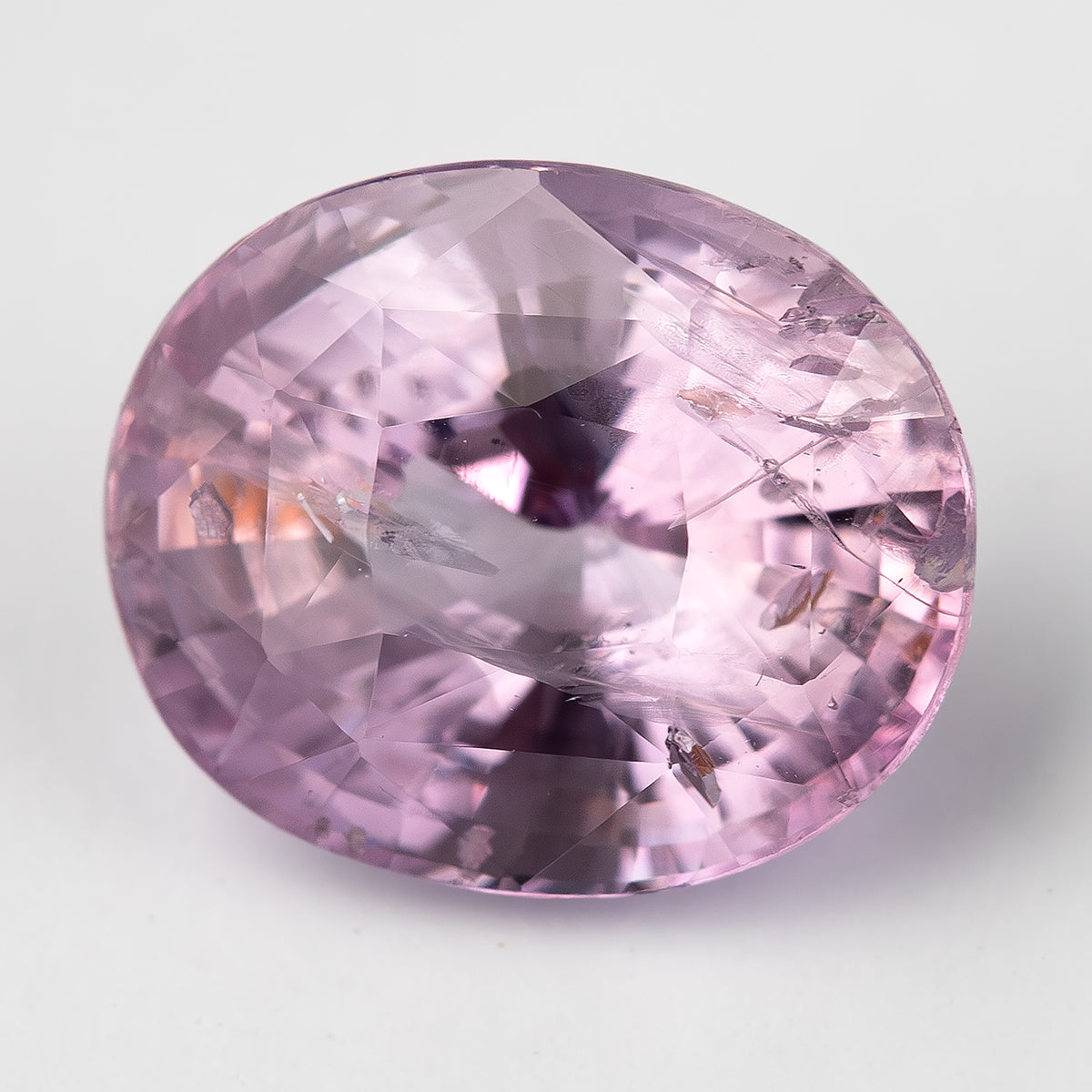Pink oval sapphire tilted slightly on white, with pale reflections through the center and visible inclusions near the edges.